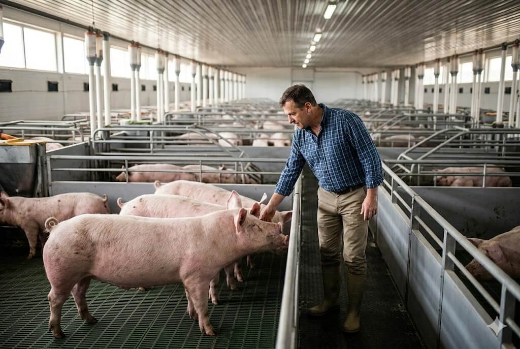 Mercado de suínos. Fotografia jornalística e profissional no interior de uma granja de suínos moderna e tecnológica. Um produtor rural com camisa xadrez e calça cáqui observa os animais em baias limpas e organizadas. A iluminação é clara e industrial, destacando a higiene e a infraestrutura do agronegócio brasileiro. Estilo cinematográfico com profundidade de campo.