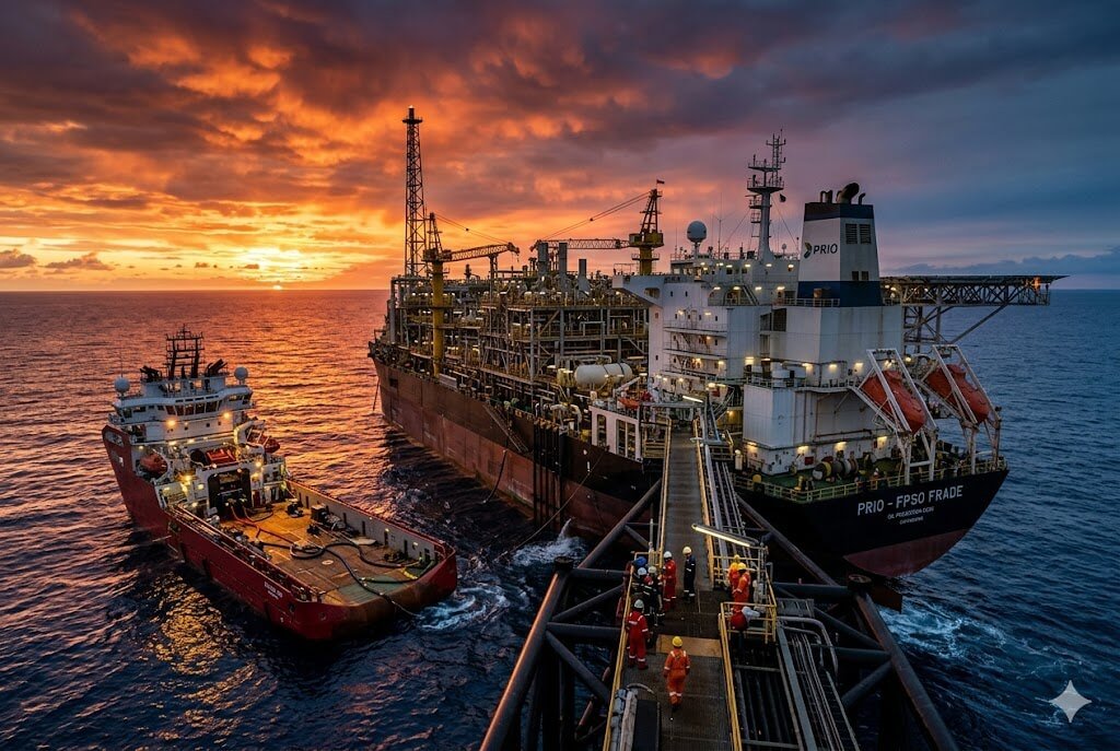Fotografia aérea de uma grande plataforma de petróleo FPSO da PRIO no oceano, com um navio de apoio vermelho ao lado, sob um céu de pôr do sol laranja e roxo dramático.
