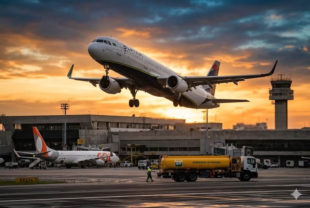 Querosene de aviação: Governo zera impostos e cria crédito bilionário para conter alta 1 Fotografia jornalística de um avião decolando em um aeroporto com um caminhão de combustível amarelo escrito querosene de aviação no pátio.