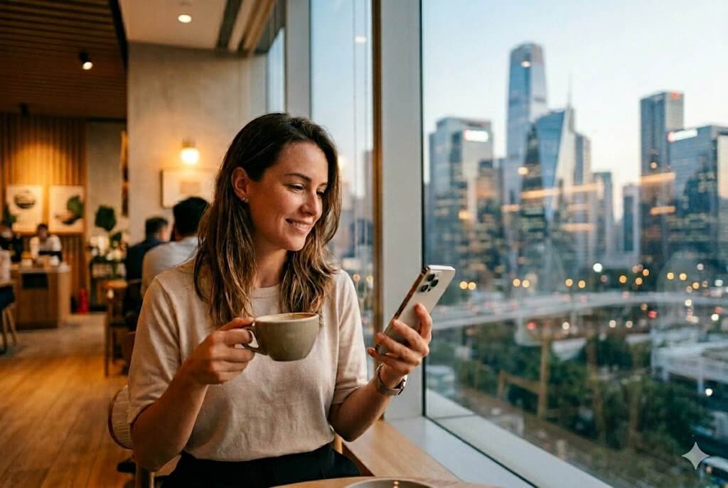 GAME11 Anuncia Novos Dividendos: Fundo Imobiliário Entrega Yield de 1,12% e Expande Portfólio 2 Pessoa em um café visualizando o rendimento positivo do fundo imobiliário GAME11 na tela do smartphone.