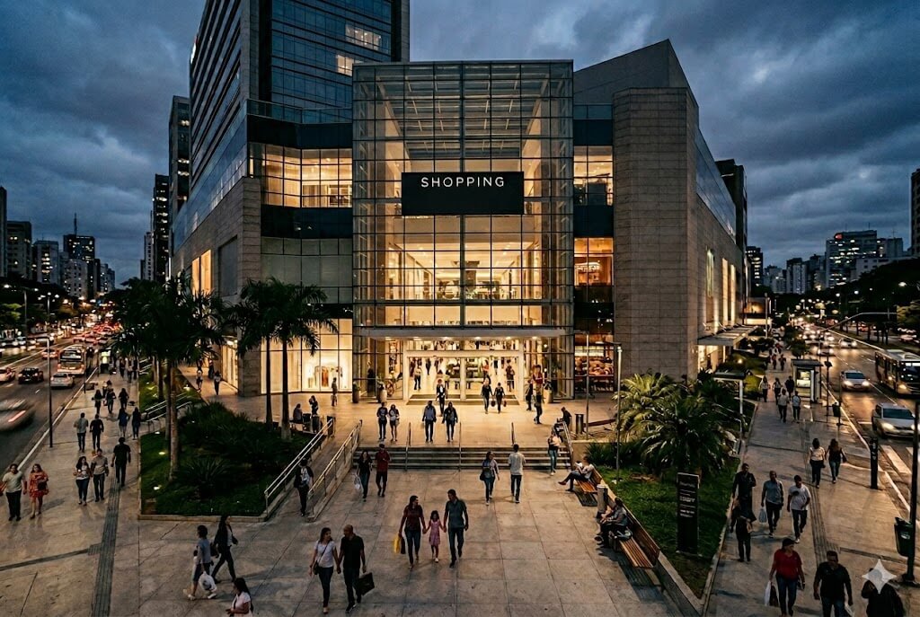 Imagem profissional de um shopping center com gráficos de crescimento financeiro, representando o fundo imobiliário VISC11.