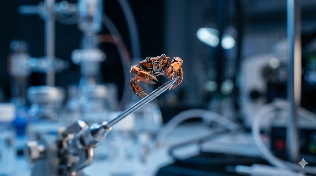 Fotografia macro de um robô-caranguejo mecânico laranja e minúsculo sobre a ponta de uma agulha em um laboratório de nanotecnologia.