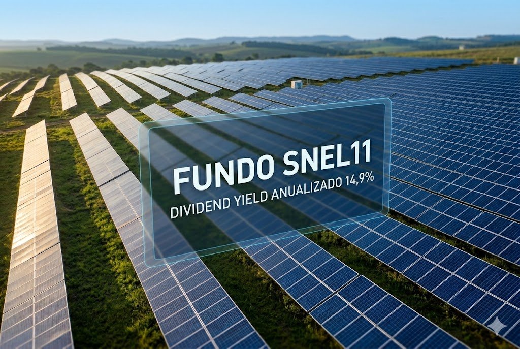 SNEL11 Anuncia Novos Dividendos: Vale a Pena Investir no Fundo de Energia Solar? 2 Imagem profissional de painéis solares em campo aberto representando o portfólio de ativos do fundo SNEL11.