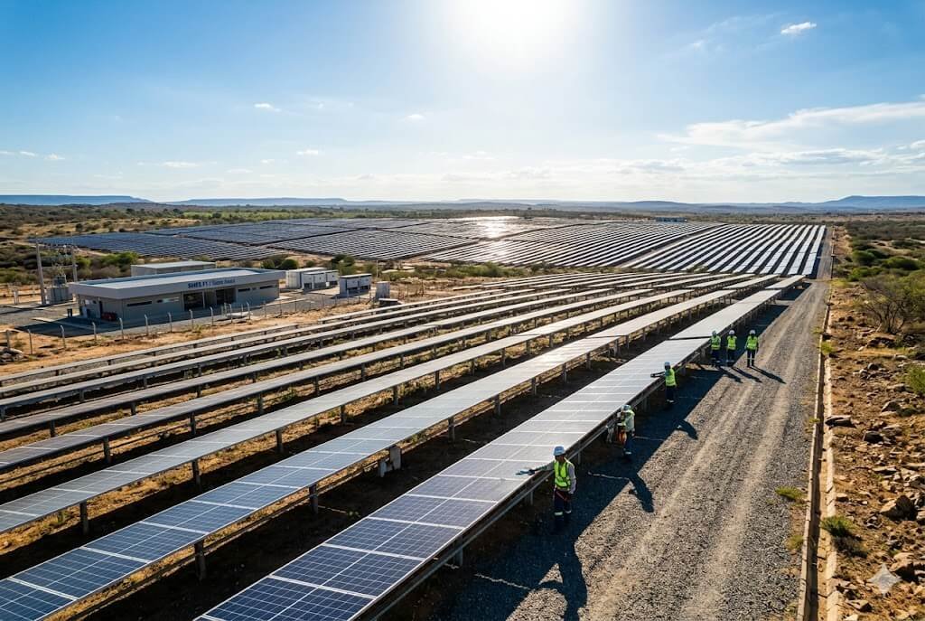 Fotografia jornalística de usina de energia solar em Petrolina, destacando painéis fotovoltaicos e infraestrutura do fundo SNEL11 para geração de dividendos.
