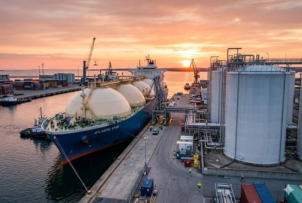 Supergasbras realiza primeira importação de gás liquefeito renovável no Brasil: Um marco para a descarbonização 2 Navio cargueiro atracado em porto industrial moderno com tanques de armazenamento de gás sob iluminação cinematográfica de pôr do sol, representando a importação de gás renovável no Brasil. Operação liderada pela Supergasbras.