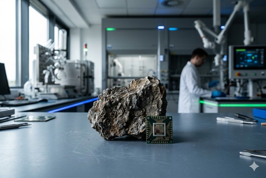 Amostra bruta de terras raras ao lado de chip tecnológico em laboratório, destacando minerais estratégicos e inovação.