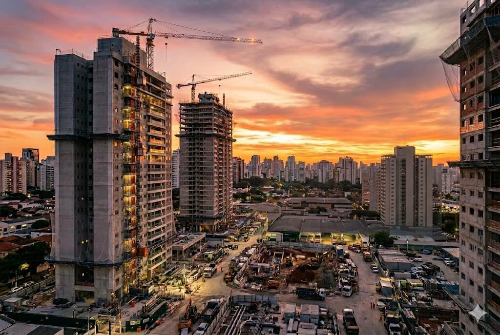TGAR11 Fotografia aérea de um canteiro de obras com prédios altos em construção, guindastes e maquinário sob um céu alaranjado de pôr do sol em uma grande cidade.