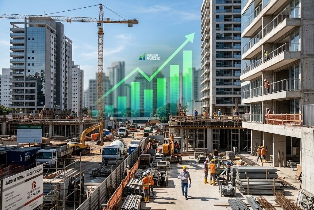 Fotografia jornalística de um grande canteiro de obras de prédios residenciais modernos e ativos, ilustrando a recuperação do setor imobiliário brasileiro e o crescimento financeiro do Fundo Imobiliário TGAR11. No céu claro, um gráfico de barras e uma seta verdes ascendentes estão sobrepostos, simbolizando os resultados recordes, com o logotipo 'MERCADO FINANCEIRO' discretamente inserido na base do gráfico.