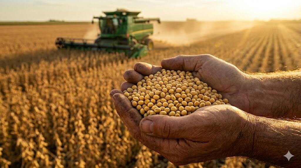 Close-up nítido de mãos calejadas segurando grãos de soja dourados, com uma colheitadeira moderna trabalhando ao fundo em um vasto campo de plantação ensolarado. Representando o Fiagro VGIA11.