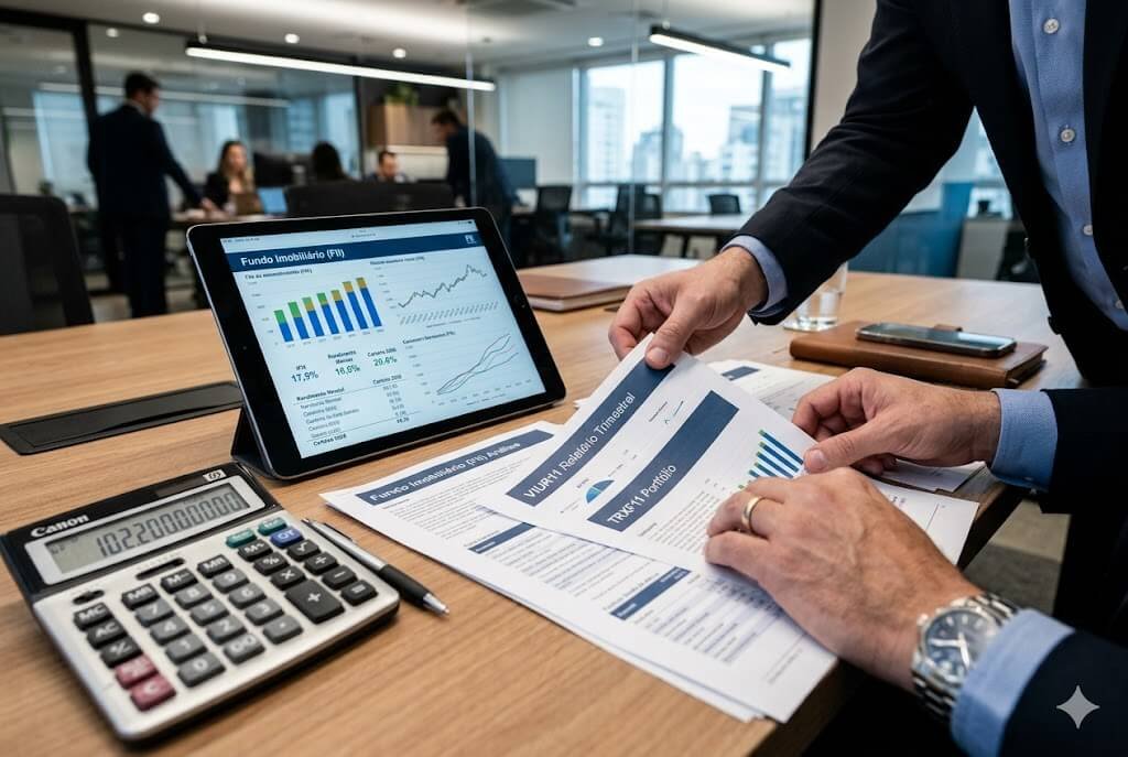 VIUR11 Aprova Amortização Milionária: Veja Como Receber e o Impacto nas Suas Cotas 2 Analistas organizam relatórios do FII VIUR11 e TRXF11 sobre mesa com tablet de gráficos financeiros e calculadora em escritório moderno.