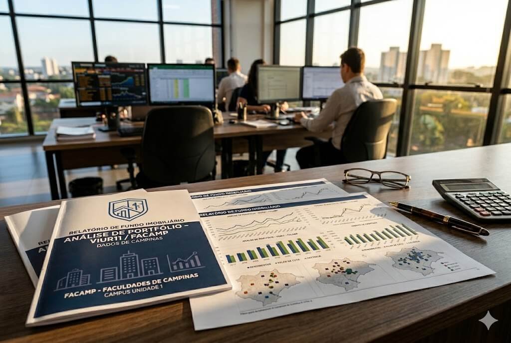 Relatório de análise de portfólio do fundo imobiliário VIUR11 sobre uma mesa de escritório, com gráficos financeiros detalhados e analistas trabalhando ao fundo em um ambiente profissional com iluminação de fim de tarde.