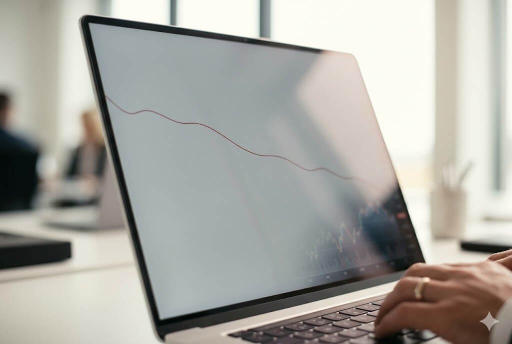 VIUR11: Desafios com Prejuízo, Inadimplência e a Nova Estratégia de Amortização 2 Close-up fotográfico profissional de uma tela de terminal financeiro brilhando em um escritório claro, exibindo apenas uma linha de tendência vermelha fina e descendente, sem números, representando o monitoramento do prejuízo e da inadimplência do FII VIUR11.