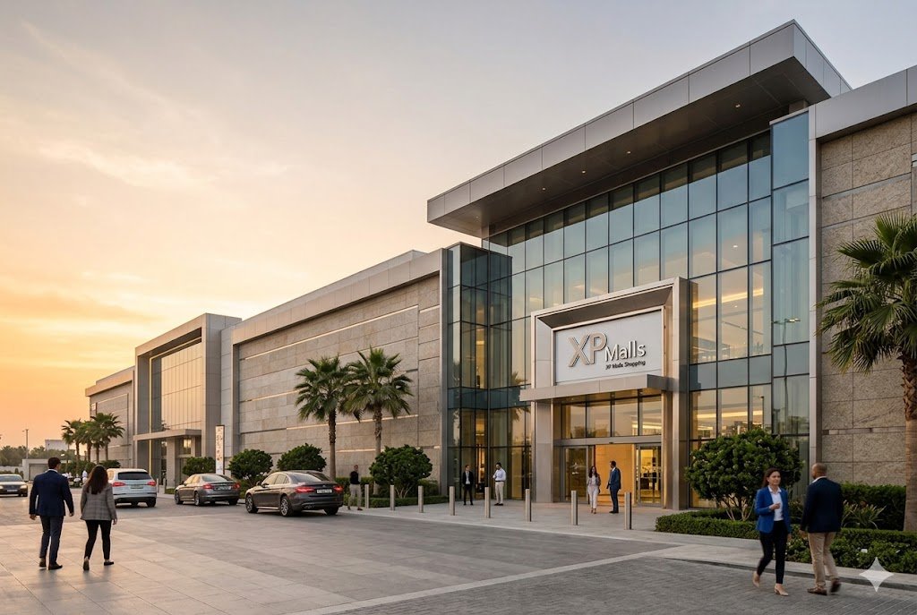 Fachada de um shopping center moderno e luxuoso representando o portfólio de alta qualidade do fundo imobiliário XPML11.