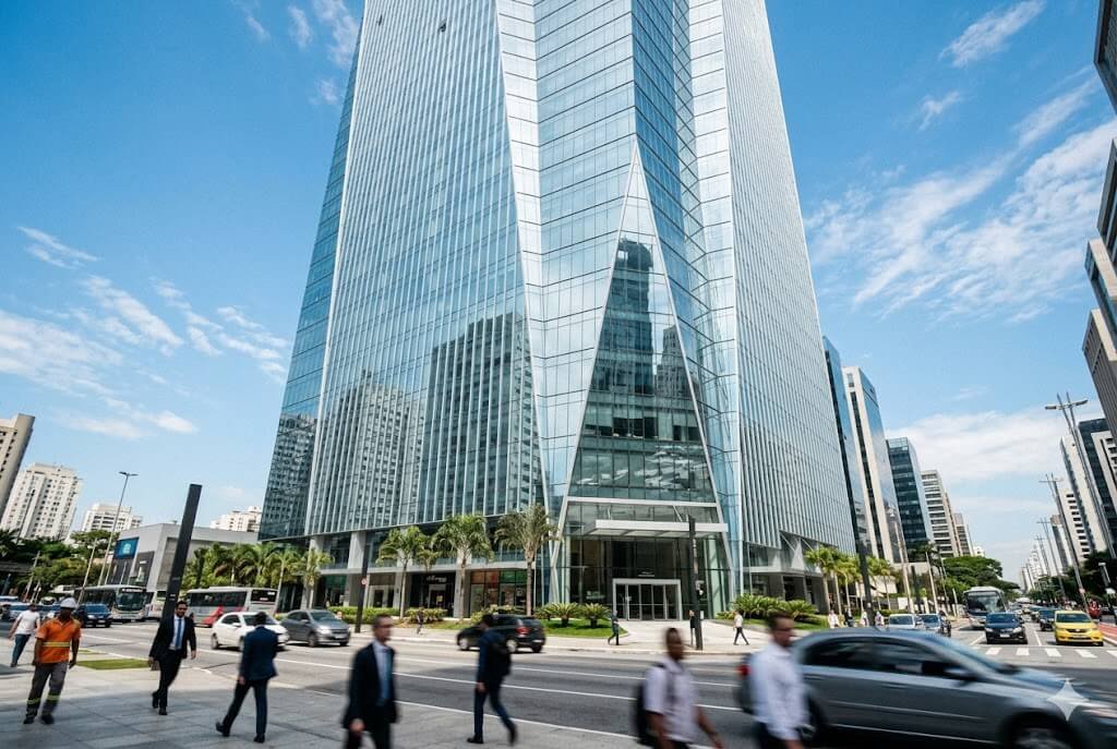 Edifício moderno de vidro espelhado na Avenida Faria Lima em São Paulo, simbolizando o patrimônio e os rendimentos de dividendos do FII ZAGH11.
