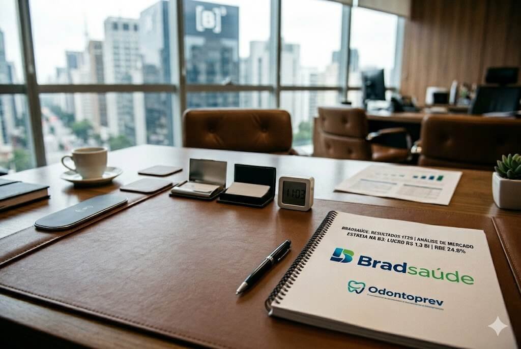 Fotografia editorial de uma mesa de escritório executiva com vista para São Paulo. Em primeiro plano, um caderno espiral aberto exibe os logotipos da Bradsaúde e Odontoprev, simbolizando a integração das empresas. Uma caneta profissional repousa ao lado do relatório.