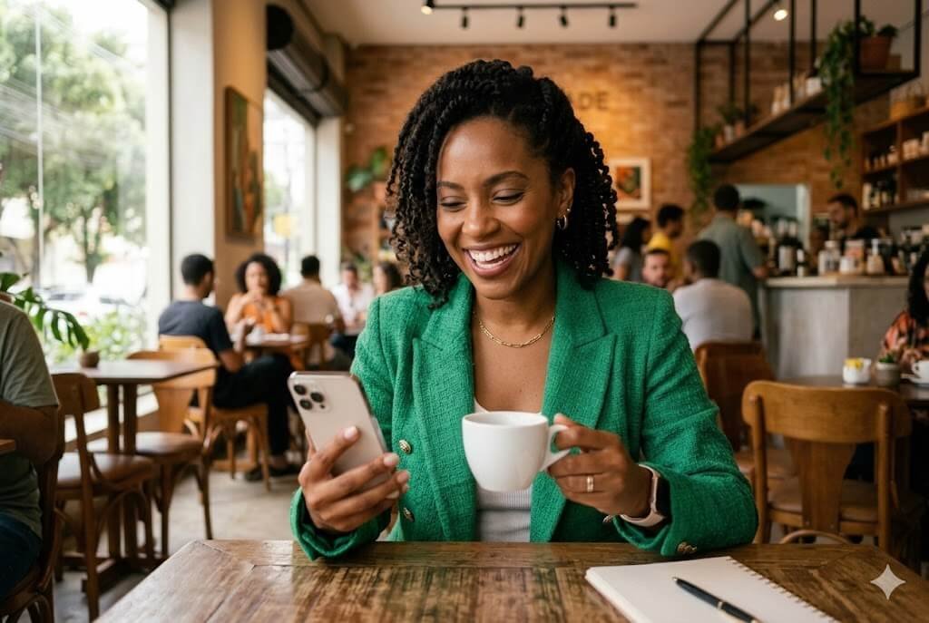 Investidora sorridente acompanhando no seu celular o anúncio de dividendos do Gare11 para o mês de Maio.