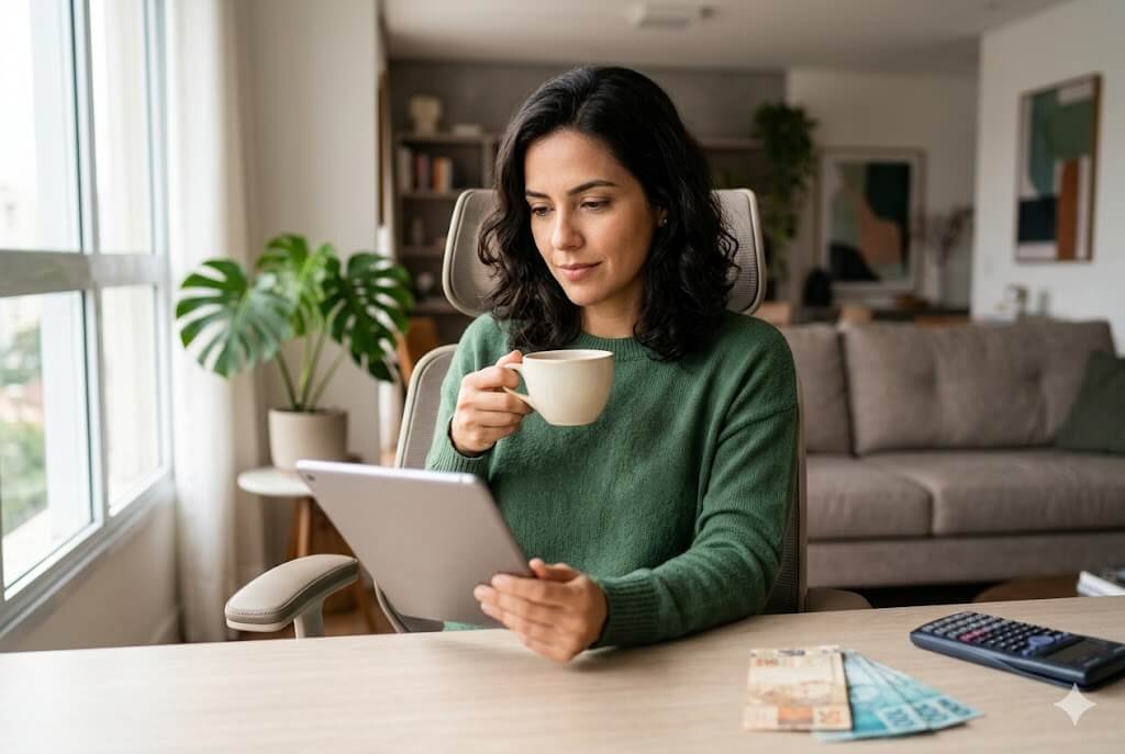 Mulher morena em home office analisando os dividendos KNCR11 em um tablet, com calculadora e cédulas de Real sobre a mesa em um ambiente iluminado.