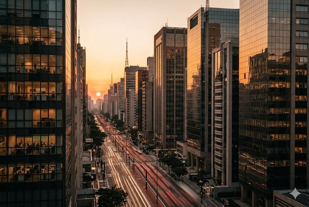 MXRF11 em junho: O que o novo dividendo revela sobre o mercado? 2 Fotografia jornalística do centro financeiro de São Paulo sob a luz do pôr do sol, representando o mercado de fundos imobiliários e a distribuição de dividendos do MXRF11.