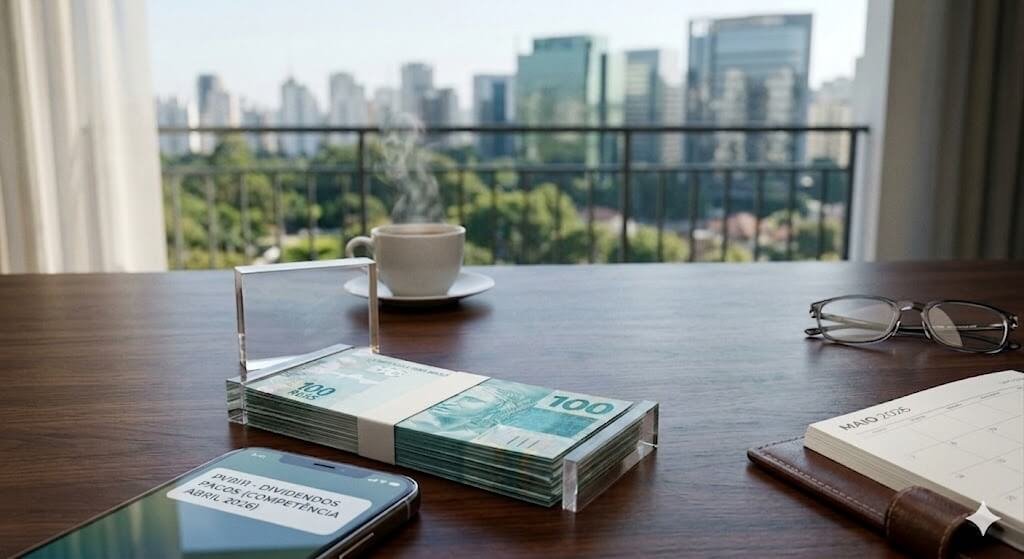 Uma foto 'flat lay' vista de cima sobre uma mesa de madeira nobre. No centro, um smartphone exibe uma notificação bancária com o texto 'Dividendo a receber: R$ 0,40/cota do fundo PVBI11'. Ao redor do aparelho, estão organizados um par de óculos de leitura, uma chave de carro premium e uma xícara de café expresso com fumaça saindo, sob luz natural suave.
