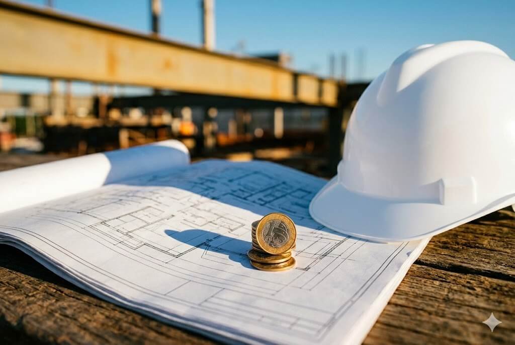 Mesa de madeira rústica com planta baixa de engenharia, moedas e capacete branco, simbolizando a operação do fundo imobiliário TGAR11.