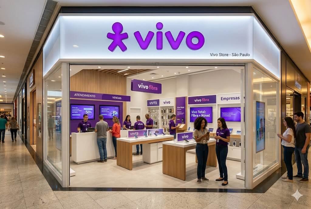 Vivo VIVT3 vai pagar R$ 600 milhões em JCP; saiba como garantir o recebimento 2 Fotografia profissional e nítida da fachada e interior de uma loja-conceito da Vivo (Telefônica Brasil) em São Paulo, mostrando as áreas de atendimento, vendas e vivo fibra, ilustrando a presença de mercado da VIVT3.