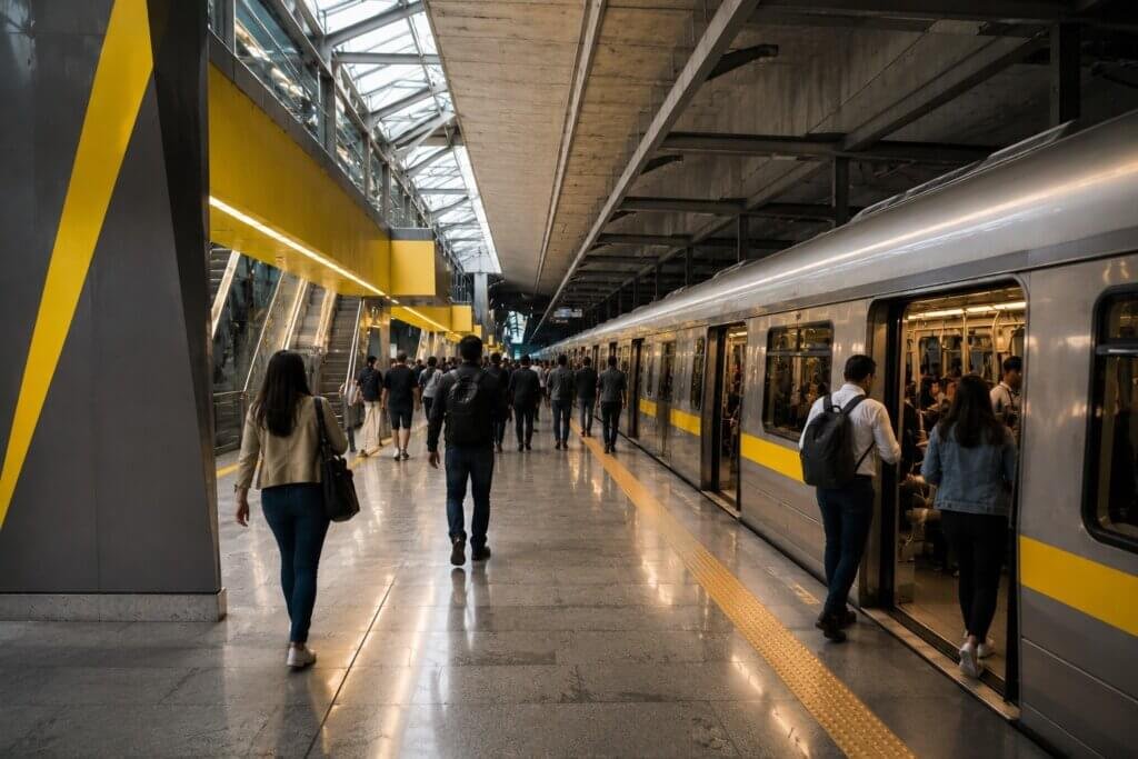 Estação moderna da Linha 4-Amarela do metrô de São Paulo com nova identidade visual da Motiva e passageiros circulando naturalmente