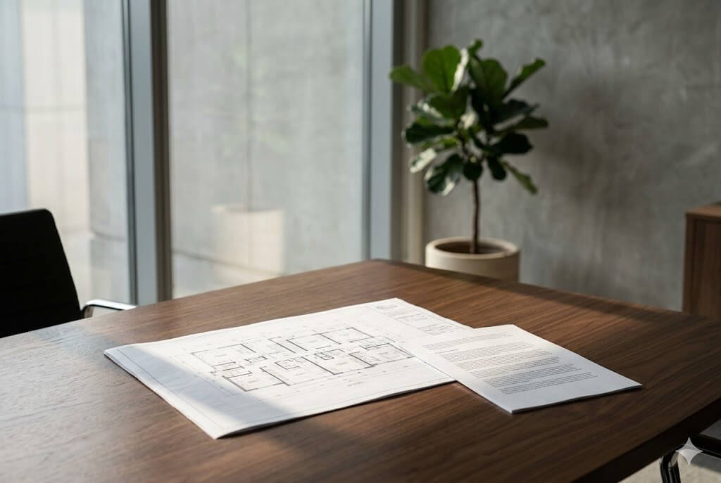Ciclo de maturação: RBIR11 pagará amortização de R$ 6,86 2 Mesa de reunião corporativa em madeira com plantas arquitetônicas de prédios residenciais e relatórios financeiros sob iluminação natural matutina, representando o FII RBIR11.