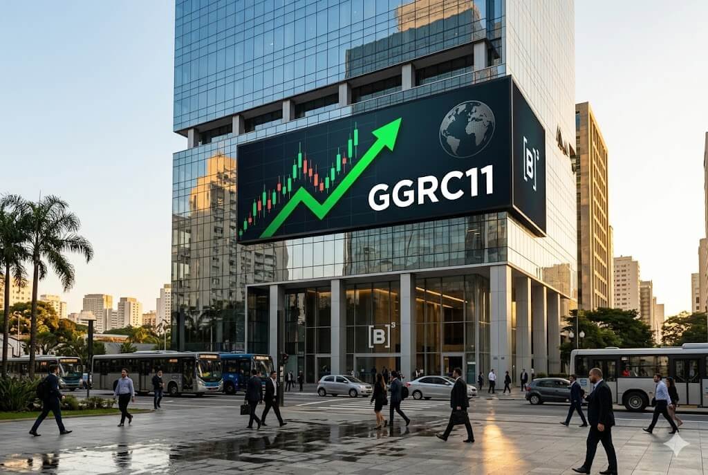 GGRC11 entra em índices globais e passa a mirar o investidor estrangeiro 2 Fotografia editorial de um edifício corporativo moderno espelhado em São Paulo, com um grande painel digital LED exibindo o ticker 'GGRC11', um gráfico financeiro de velas em alta com seta verde e o logotipo da B3, sob a luz do fim de tarde com movimento de pedestres.