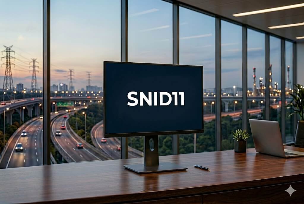 Isento de IR: SNID11 Anuncia Dividendos Acima de 1% ao Mês 2 Monitor compacto em escritório exibindo o ticker SNID11 com vista de fundo para rodovia e torres de transmissão de energia elétrica.