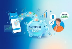 Ilustração do Cofrinho Mercado Pago mostrando rendimento, saldo e comparação de investimentos.