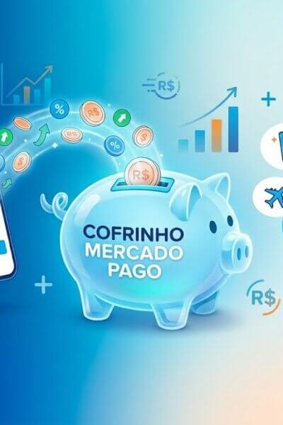 Ilustração do Cofrinho Mercado Pago mostrando rendimento, saldo e comparação de investimentos.